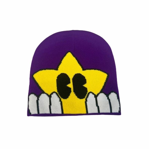 Stickmössa Cap Beanie Bonnet LILA&GUL purple&yellow