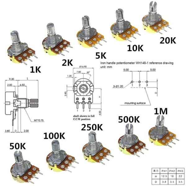 10 stk lineær potensiometer WH148N WH148 10 STK B1M-15MM 10 STK 10pcs B1M-15mm