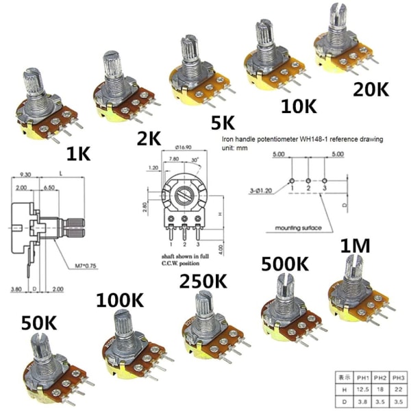 10 stk lineær potensiometer WH148N WH148 10 STK B20K-15MM 10 STK 10pcs B20K-15mm