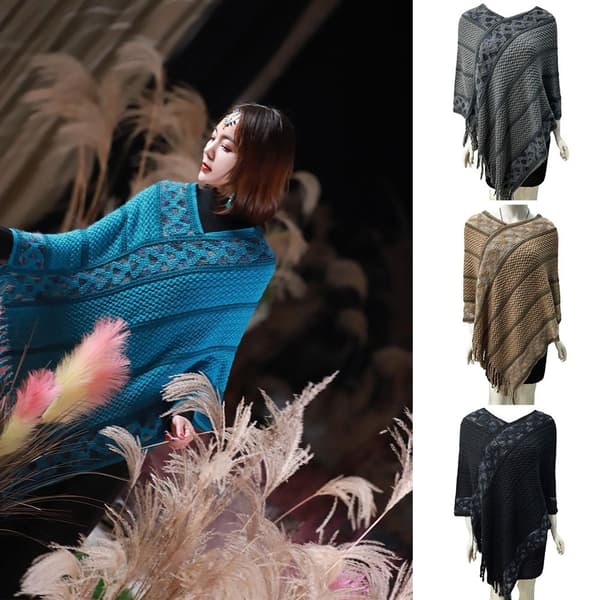 Mongolisk Poncho Twill Stripe Tofs Sjal GRÅ grey