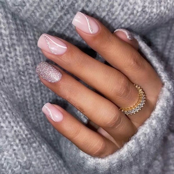 False Nails Long Square Head Silver Pink Line