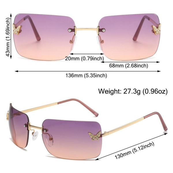Rhinestone Butterfly Solglasögon Y2K Solglasögon för kvinnor Gold-Purple Pink