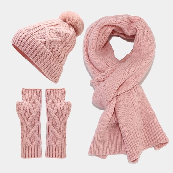 Mössa Scarf Handskar Set Stickad cap ROSA PINK