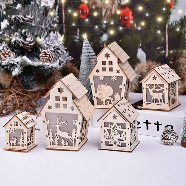 2STK Julelys Træhus Lysende Kabine 7X7X9CMHOUSE 7x7x9cmHouse