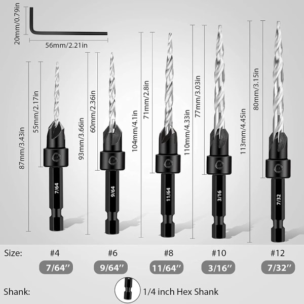 9 STK Countersink Drill Bit Set Koniske Drill Bits Counter