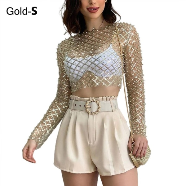 Sexy Crop Topper for kvinner Mesh Pearl Topper GOLD S S Gold S-S