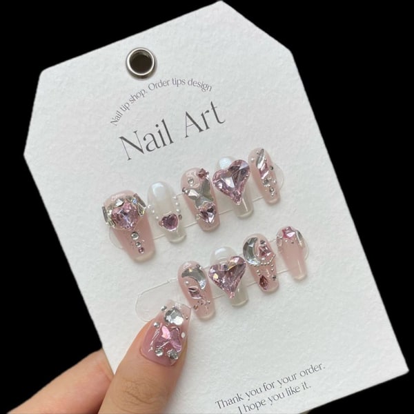 Pure Manual False Nail Pink Love Diamond Handmade Nails MSHORT MSHORT