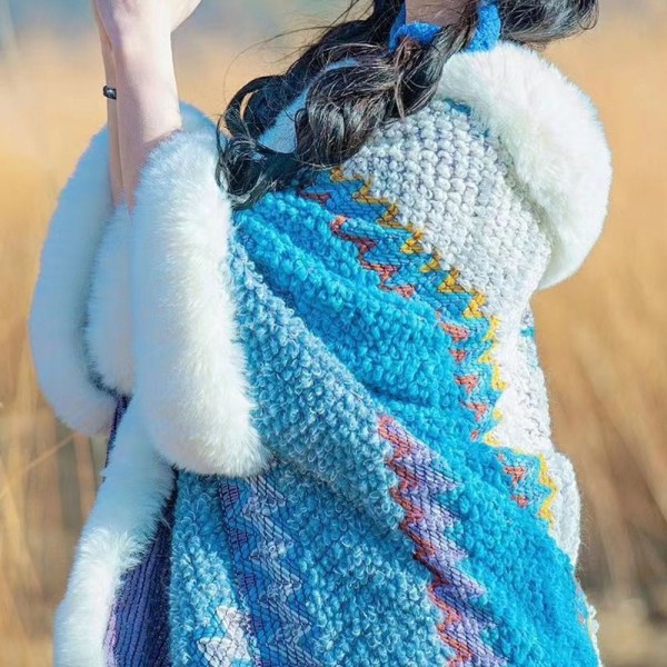 Mongolisk Poncho Cardigan Tofssjal VIT&BLÅ white&blue