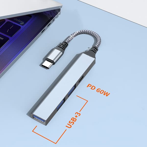 4 Portar Typ-C HUB USB 3.0 Expander Splitter PD 60W silver