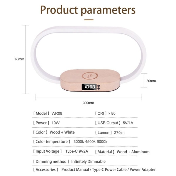 Nattbordslampe Trådløs Lader 5 Farger Touch Control