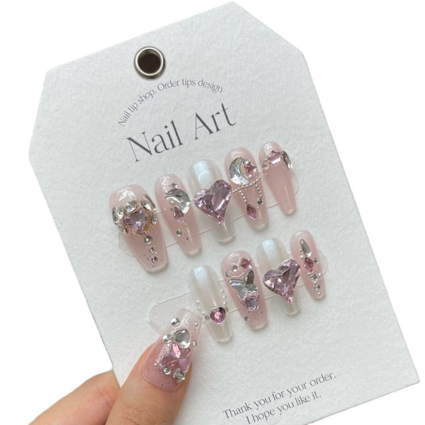 Pure Manual False Nail Pink Love Diamond Handmade Nails MSHORT MSHORT