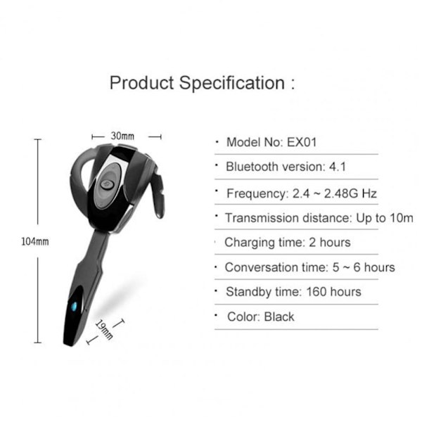 Bluetooth Headset Enkelt ørekrog SORT black