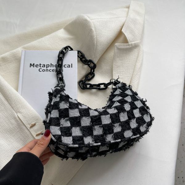 Casual skulder underarm taske Plaid mønster print denim pung Black