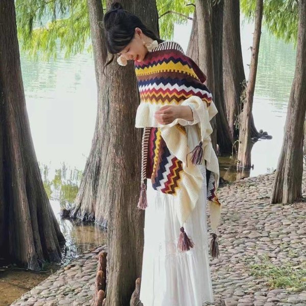 Mongolisk Poncho Cardigan Tofs Sjal GUL yellow