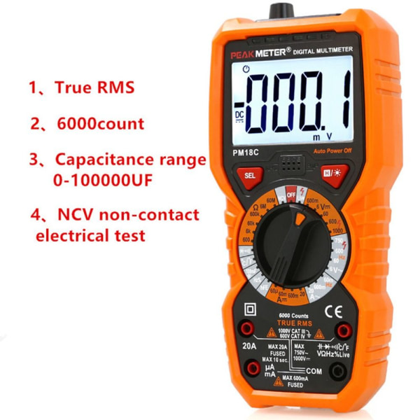 Digital Smart Multimeter Transistor Testere 6000 teller sann RMS