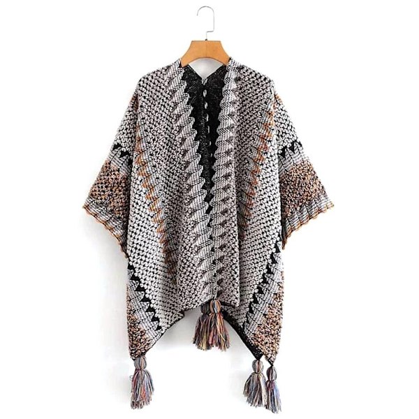 Mongolisk Poncho Cardigan Tofs Sjal GRÅ grey