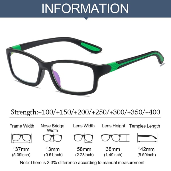 Anti-blått ljus Läsglasögon Fyrkantiga glasögon GRÖN Green Strength 300