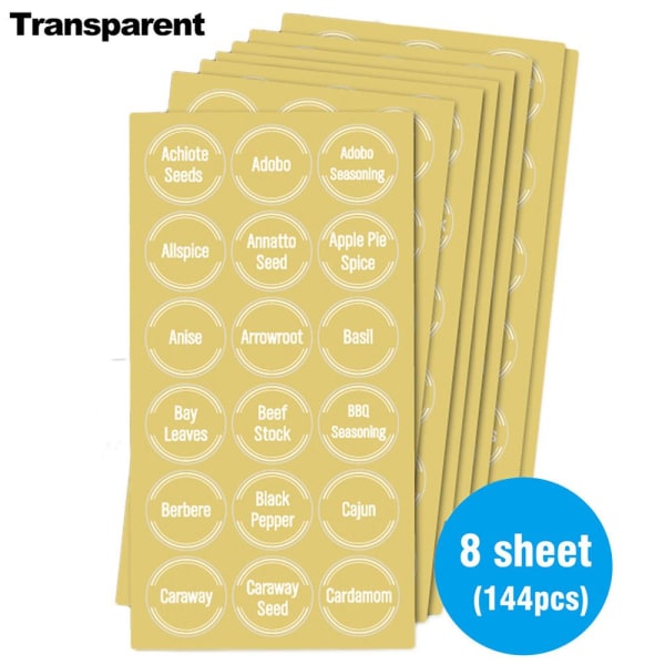 144 STK Kryddor Burk Klistermärken Pantry Etiketter TRANSPARANT transparent