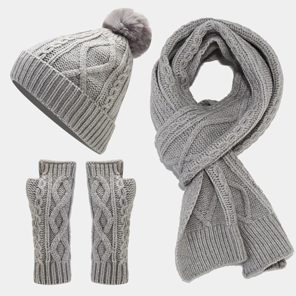 Mössa Scarf Handskar Set Stickad cap GRÅ GREY