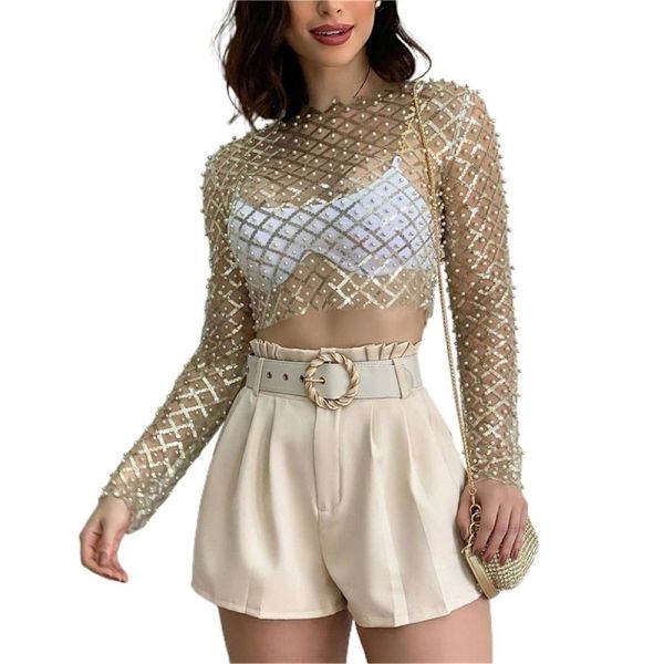 Sexede Crop Toppe til Damer Mesh Pearl Toppe SORT M M Black M-M