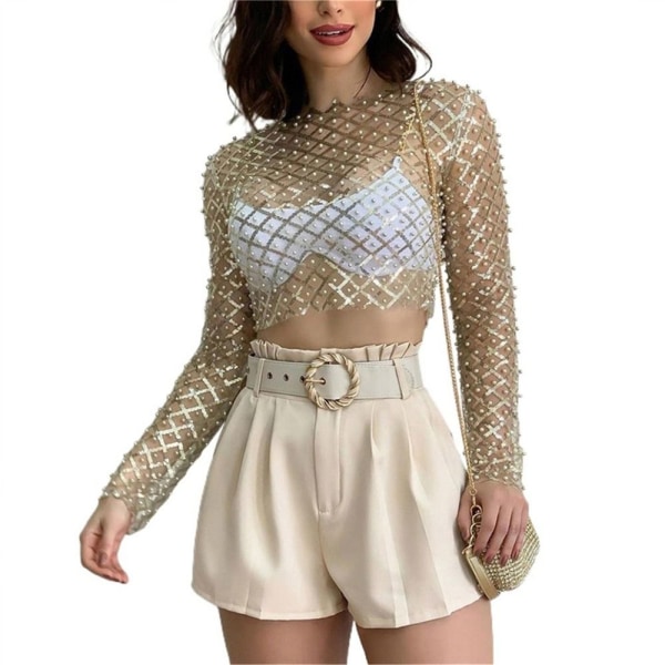 Sexy Crop Topper for kvinner Mesh Pearl Topper GOLD M M Gold M-M