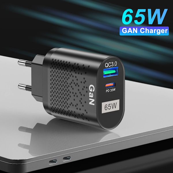 65W GaN snabbladdaradapter svart