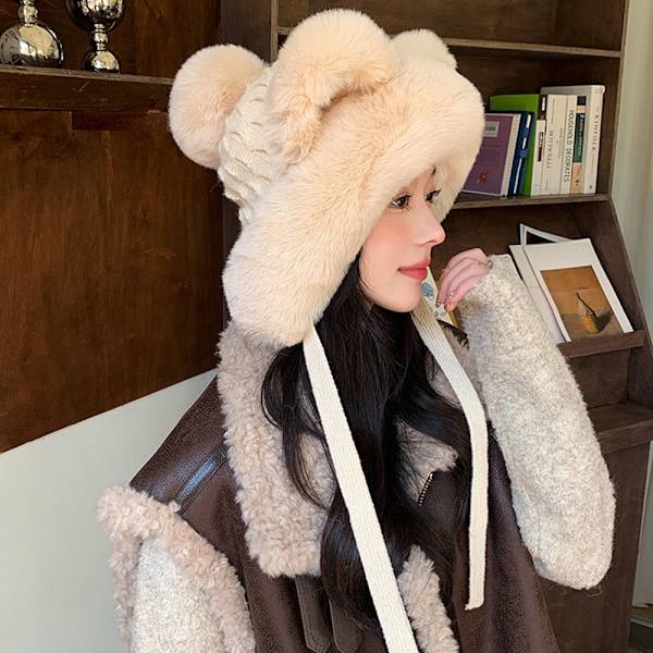 Faux Fur Beanies Hat Katteøre Strikket Hue BEIGE beige