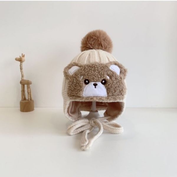 Stor Pompom Baby Vinter Varm Hat Cartoon Bear Tjockt öra Beige