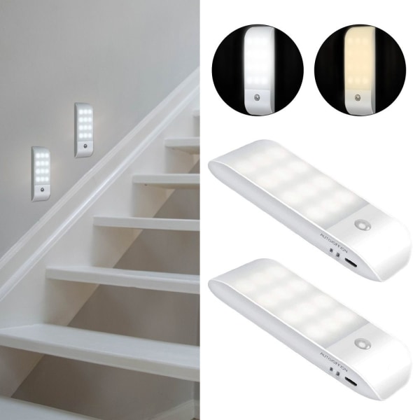 Oppladbar trapp USB Nattlys 12LEDs Bevegelsessensor white 2 Pcs