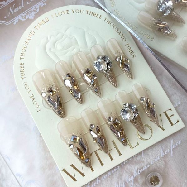 10st Champagne Flash Diamond Handgjorda naglar Pure Manual False XS