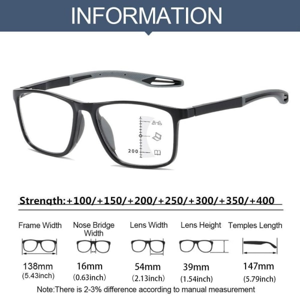 Anti-blåt lys læsebriller Firkantede briller GRÅ STYRKE Grey Strength 150