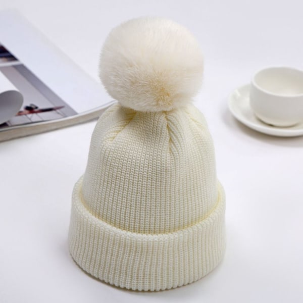 Krympende Beanie Hat Pompom Hat HVID White