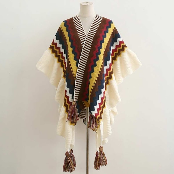 Mongolisk Poncho Cardigan Tofs Sjal GUL yellow