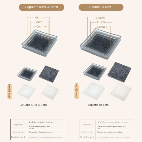 Sengemøbler Risers Anti Vibration Pads GRÅ 45MMSQUARE SQUARE Grey 45mmSquare-Square