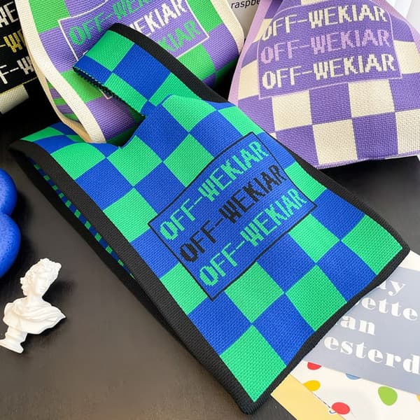 Stickad rutväska för kvinnor Canvas Tote Axelväskor 4 4