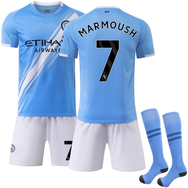 2025-2026 Manchester City Hjemmebane Børnefodboldtrøje med sokker Nr. 7 Marmoush 26