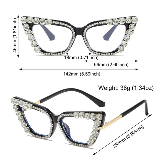 Naisten tekojalokivi Cat Eye kirkkaat linssilasit Naisten silmälasit C4