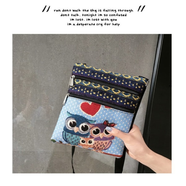 Liten dubbel dragkedja Messenger Bag Cartoon Owl Printed Bag AA A