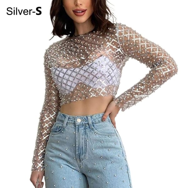 Sexy Crop Topit naisille Mesh Pearl Topit SILVER SS Silver S-S