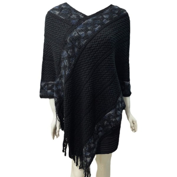 Mongolsk Poncho Twill Stripe Tassel Shawl SORT black