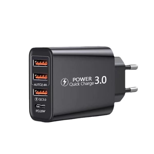 Hurtiglader med flere porter USB+TYPE-C+QC3.0 svart
