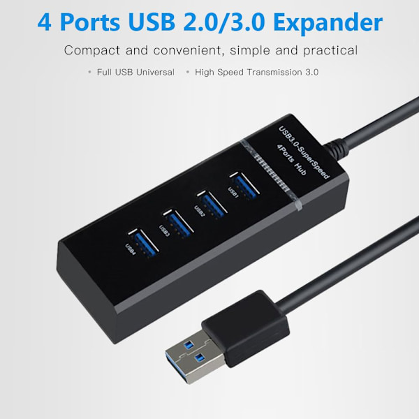 USB 3.0 Hub Expander 4 Ports Splitter Black