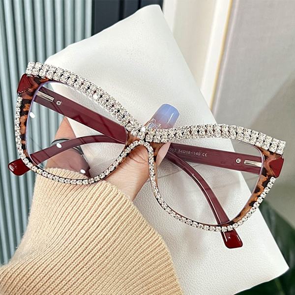 Rhinestone Cat Eye Briller Damebrillestel LEOPARD-RED Leopard-Red