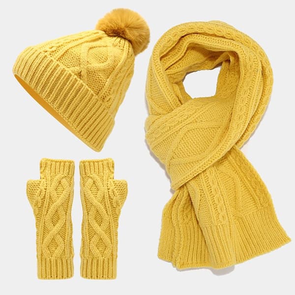 Mössa Scarf Handskar Set Stickad cap GUL YELLOW