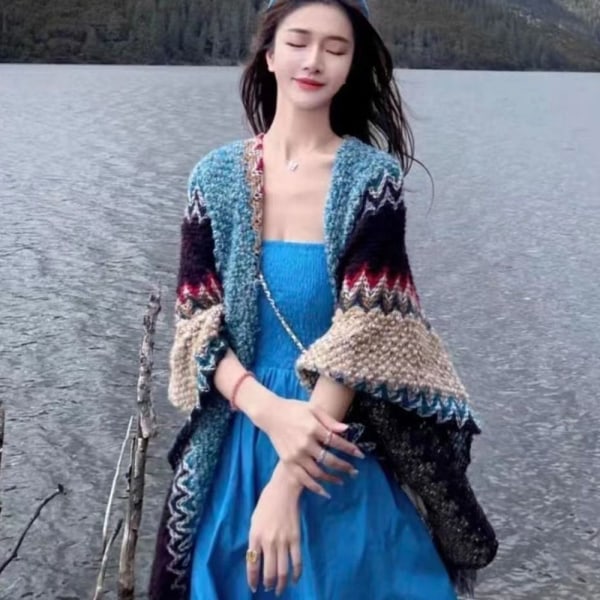 Mongolisk Poncho Cardigan Tofs Sjal BLÅ blue