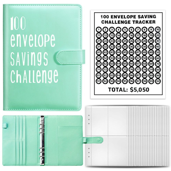 100 Days Envelope Challenge Binder Säästökirja VIHREÄ green