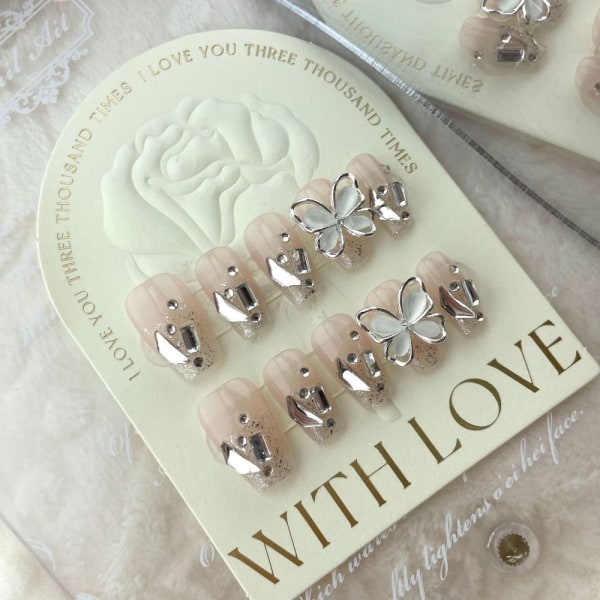 10st/kartong 3D Butterfly Handmade Nails Splinter Diamond False MShort