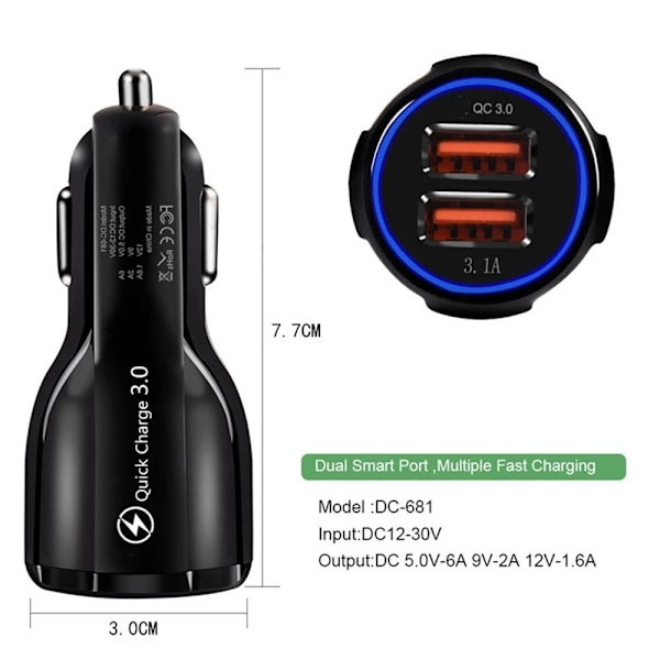 18W 3.1A Biloplader Dual USB Hurtigopladning SORT black