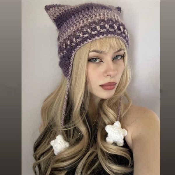 Cat Ear Hairball Beanies Hat Stripe Stickad Cat Ear Hairball Style 2