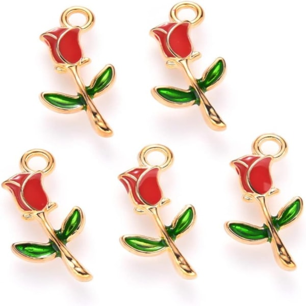 100 stk Red Rose Charms Emalje Mini Valentine Romantic Flower